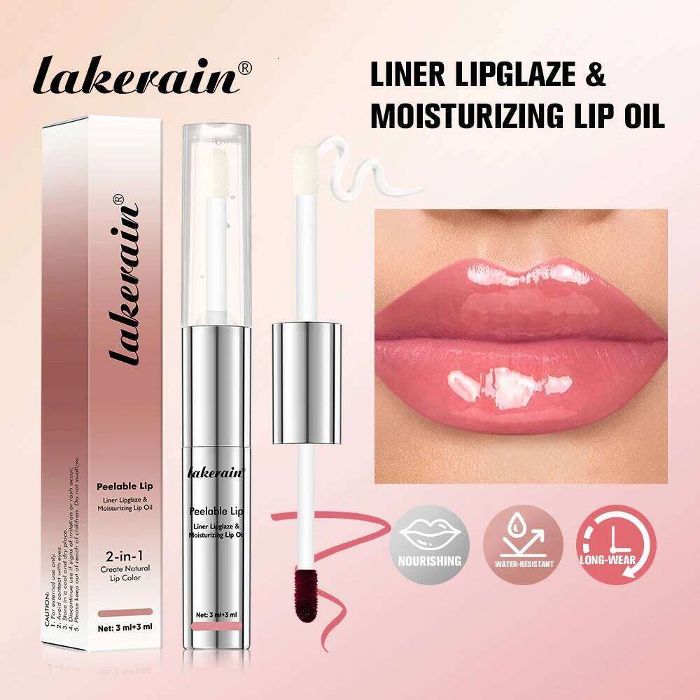 Lakerain 2 In 1 Liner Lipglaze & Moisturizing Oil Peel-off Lip Gloss Deep Hydration Waterproof Soft Lips Dual-head Design W260311