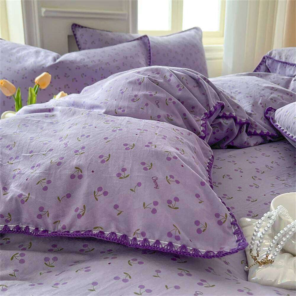 Washed Cotton Duvet Cover Purple Cherry Bed Sheet Pillowcase for Adults and Kids Home Textiles Four-piece Bedding Set H260312