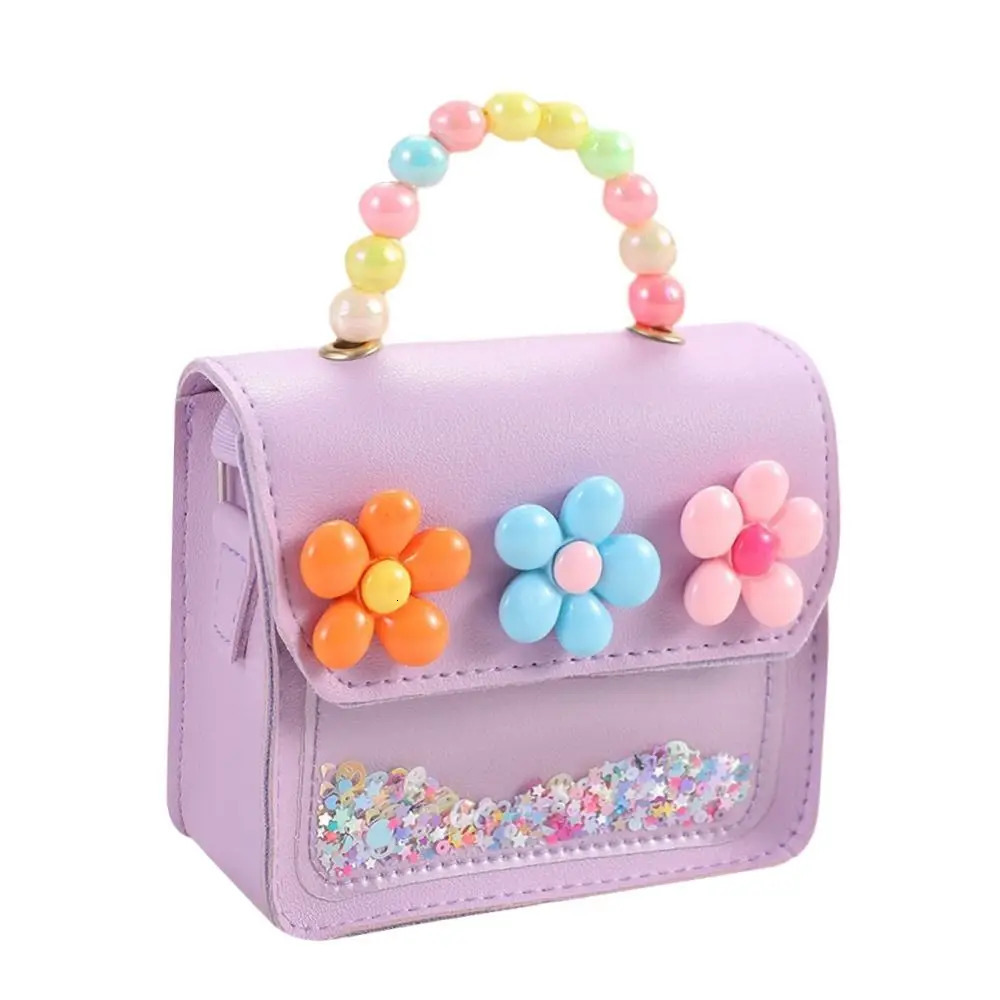 Creative Cute Flowers Childrens Messenger Bag Pearl PU Leather Kids Shoulder Shiny Bowknot Handbags 260311