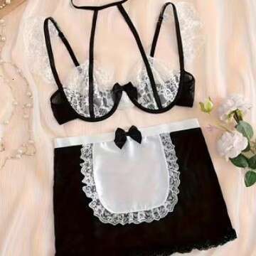 Women Pink & Black Maid Costume Set Lace Halter Bra with Apron for Cosplay, Party, or Romantic Wear