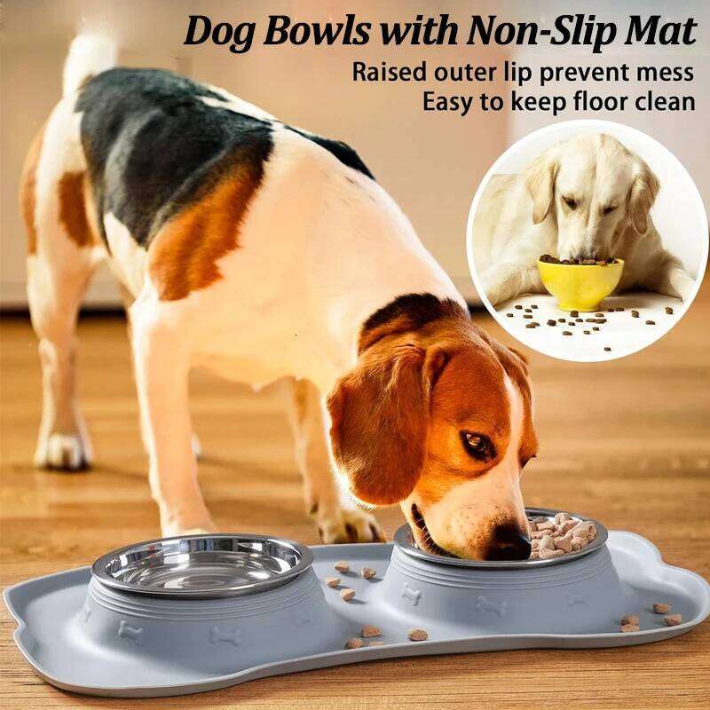 Stainless Steel Feeder Silicone Anti-spill Cats Double Bowl Pet Feeding Drinking Water Bowls Dog Food Dispenser 26Y0312