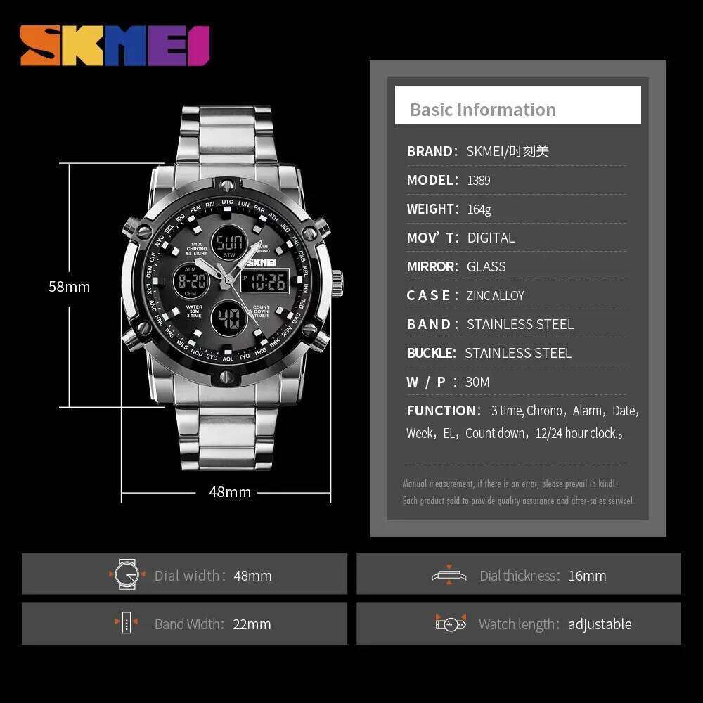 SKMEI 1389 Luxury Quartz Watch Men Countdown Steel Strap Clock Business Waterproof Mens Digital Wristwatch 1649 Reloj Masculino