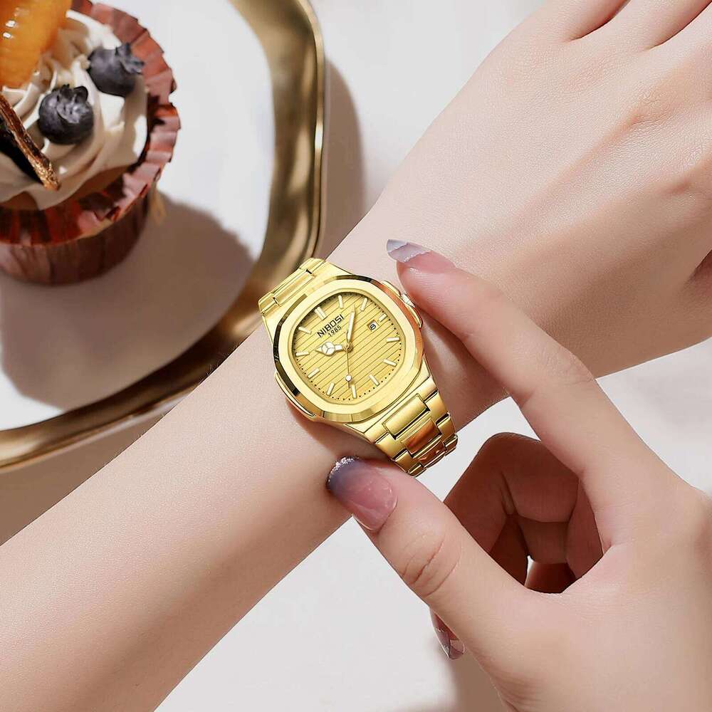 NIBOSI Elegant Women Wristwatch Waterproof Luminous Calendar Ladies Watch Square Stainless Steel Quartz Women's Watches Female