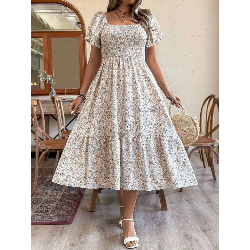 plus Size Romantic Floral Print Square Neck Elastic Waist A-Line Hem Sleeve Long for Women Holiday Casual Dress C260312