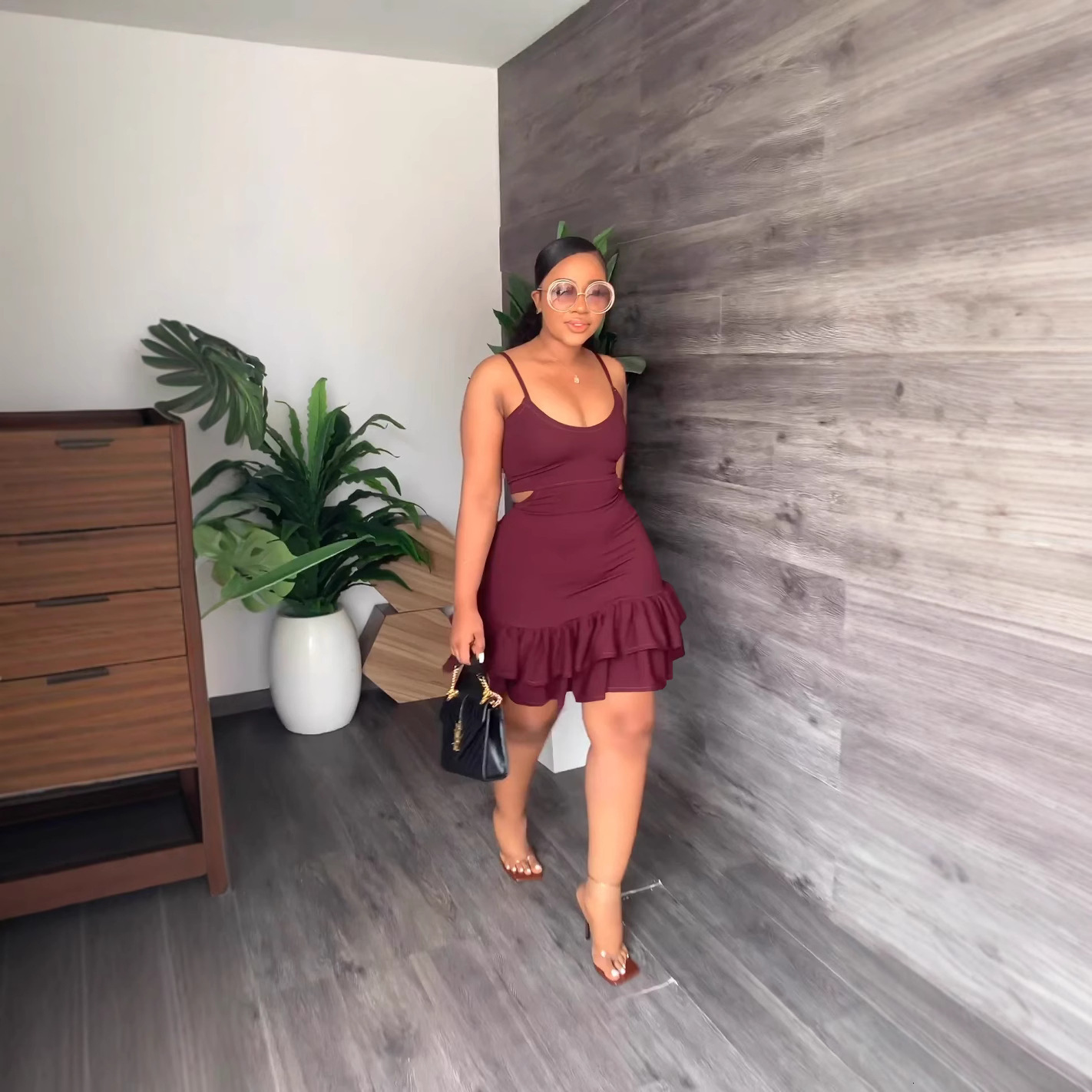 Womens Casual Fashion Strap Low-Cut Ruffle Hem Bodycon Dress