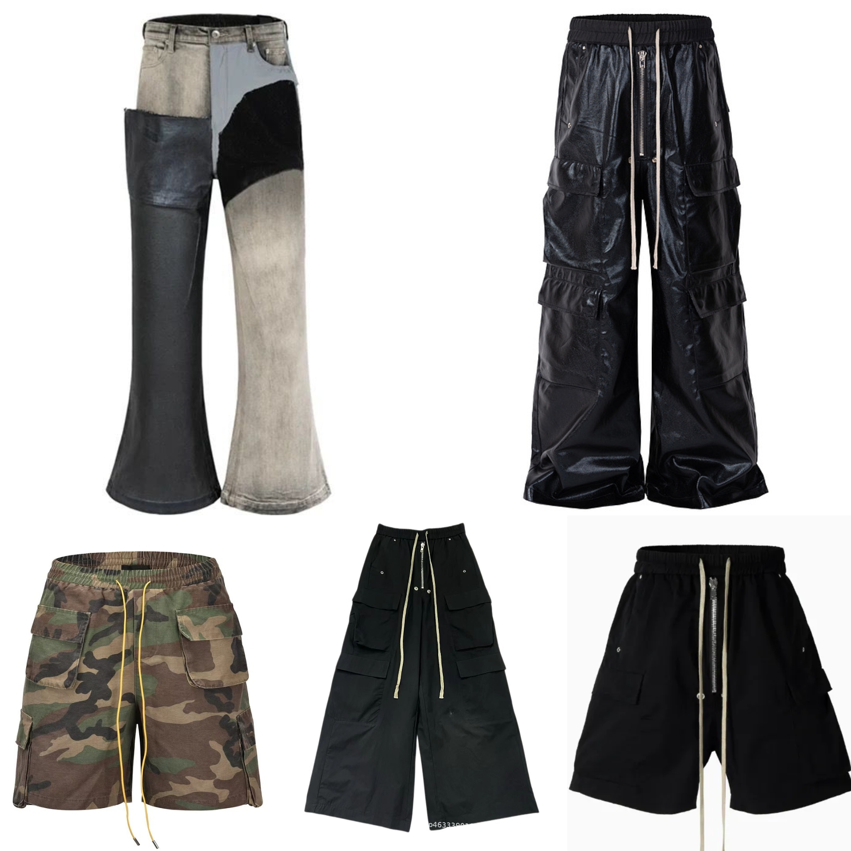 Men's Summer High Street RO Style Black Cargo Shorts Loose Casual Drawstring Waist Multi-Pocket Wide Leg Streetwear Short Pants Male