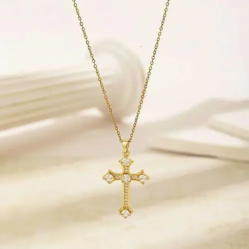 Micro-inlaid Zircon Cross Necklace Pendant Steel High-Grade All-match Jewelry Clavicle Chain Fashion Accessory 260311