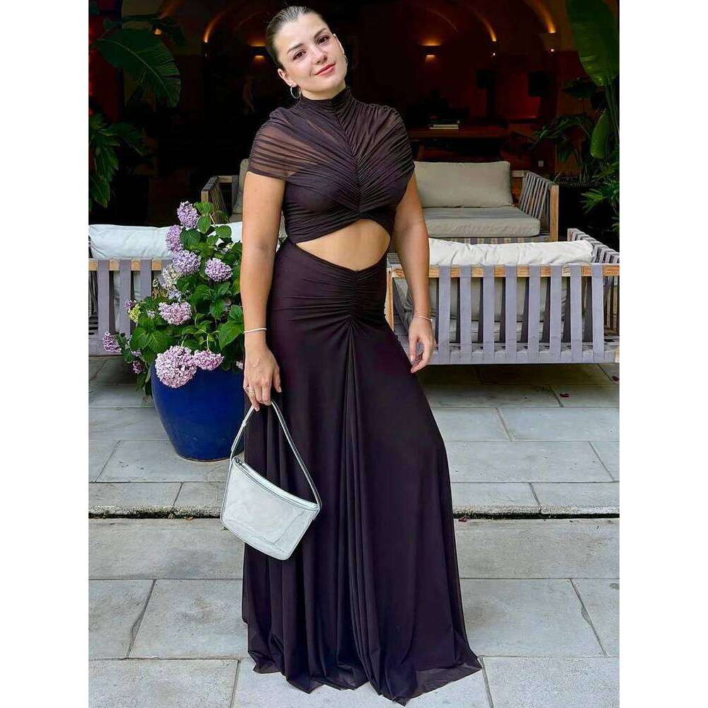 JULISSA MO Sexy Hollow Out Turtleneck Women Maxi Coffee Short Sleeve See Through Mesh Bodycon Elegant Party Evening Dress C260312
