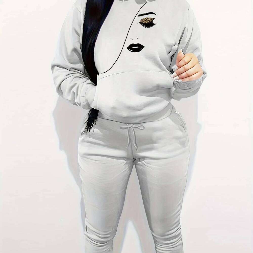Women's autumn and winter fashionable casual eyelash eye pattern printed thick warm hooded sweatshirt+sports pants set C260312