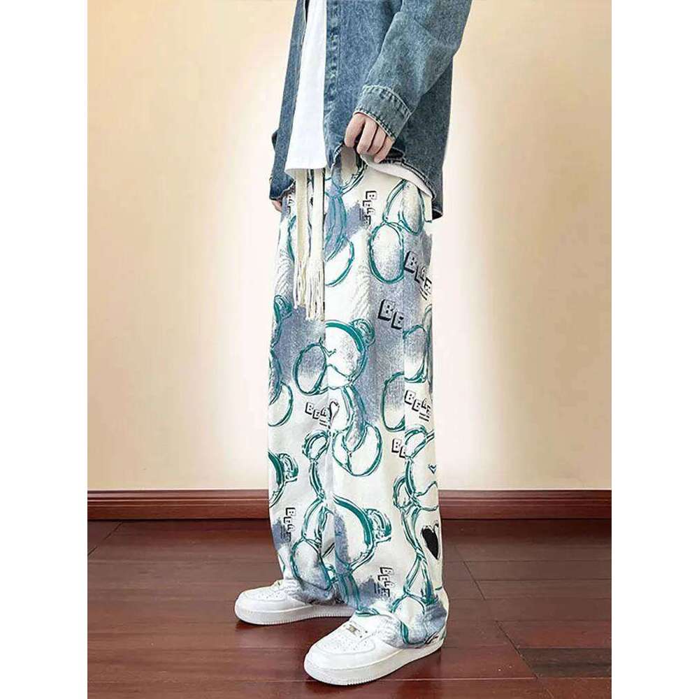 Fashion Y2k Print Wide leg Baggy Pants Men Korean Designer Student Streetwear Straight Long Trousers Casual Sport Hip hop 2023