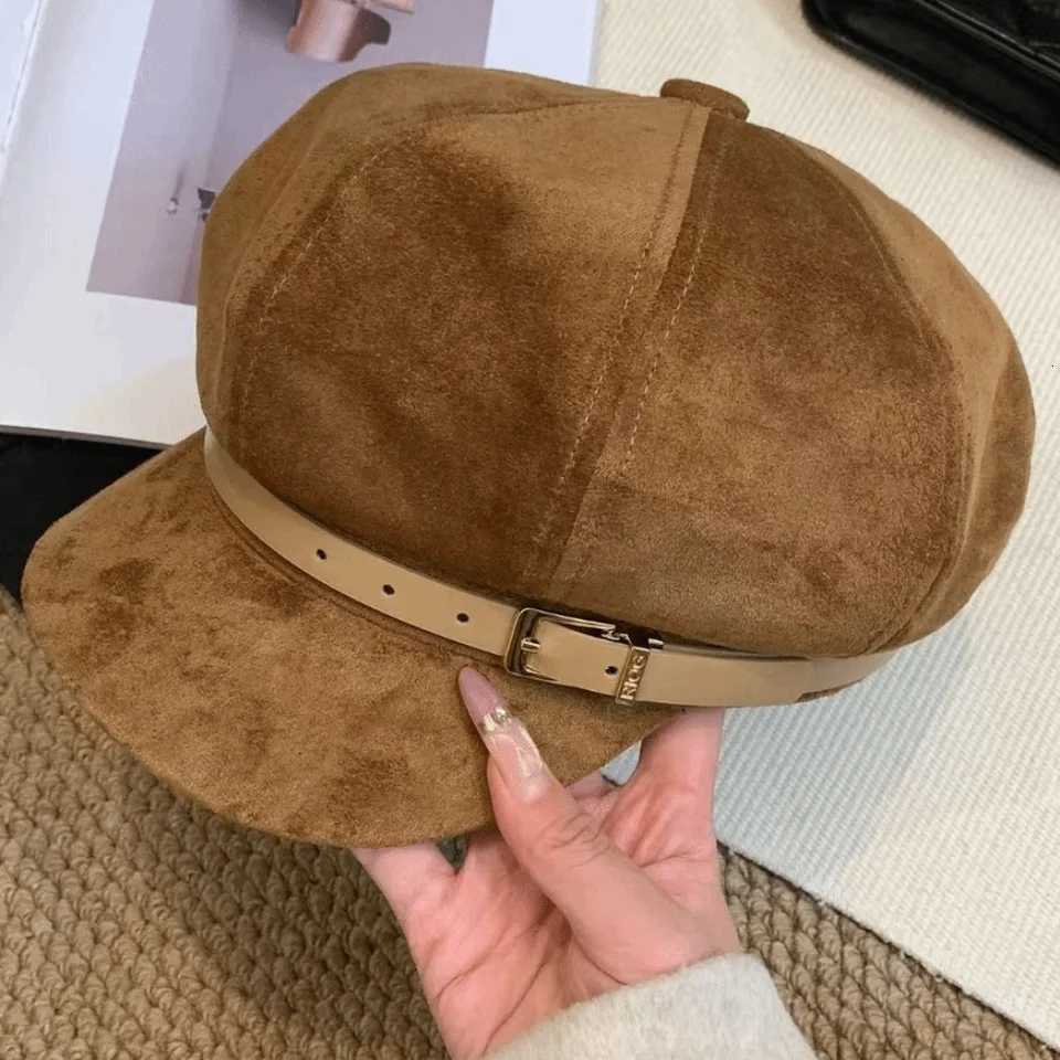 Fashion British Style Pu Leather Beret Belt Buckle Retro Suede Octagonal Hat Artist Hat Brown Painter Hat Girl H260312 - view 3