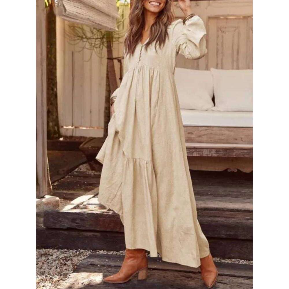 New Autumn Winter Women's Retro Fashion V-neck Button Long-sleeved Casual Wide Swing Cotton Long Dress C260312