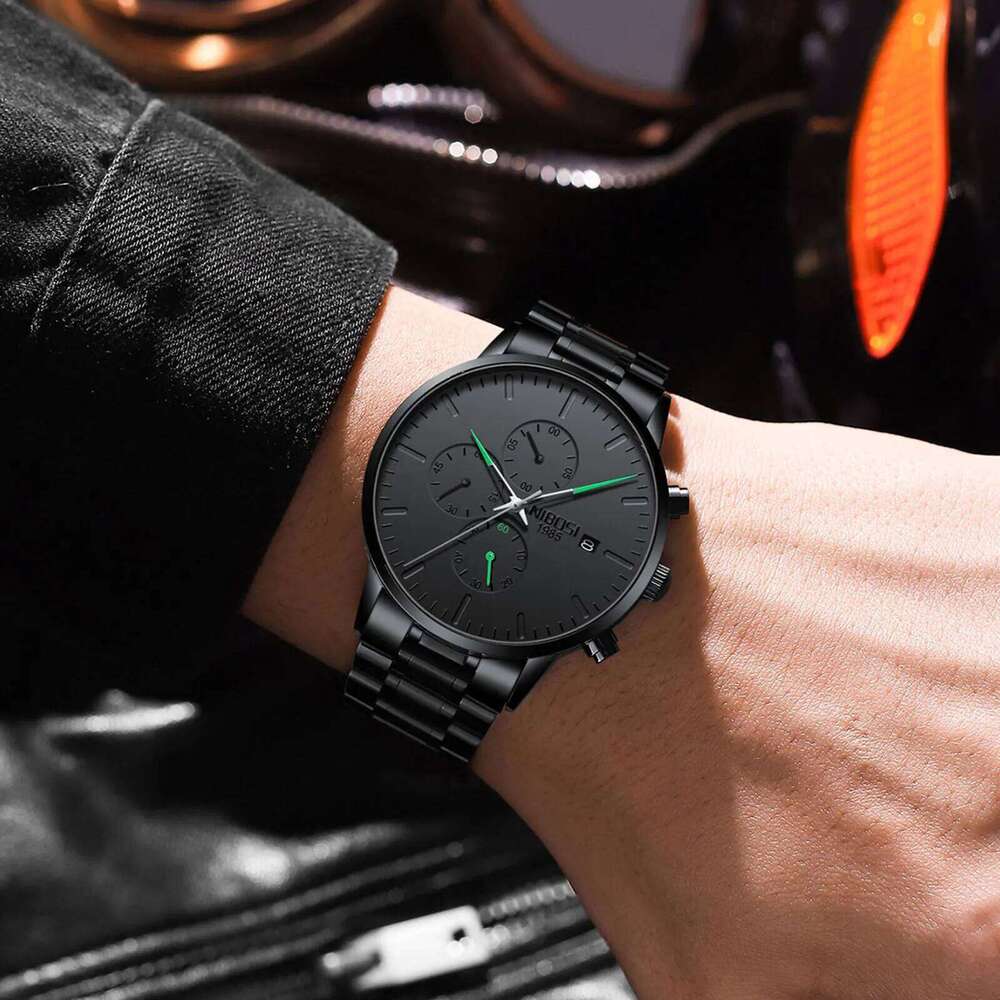 NIBOSI Men's Analog Minimalist Black Dial for Men Business Chronograph Military Stainless Steel Wrist Watches