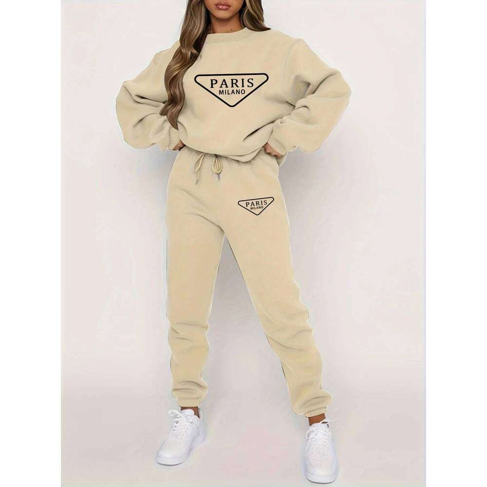 Women's autumn and winter hip-hop casual street party graphic printed round neck sports shirt+sports pants set warm clothing C260312