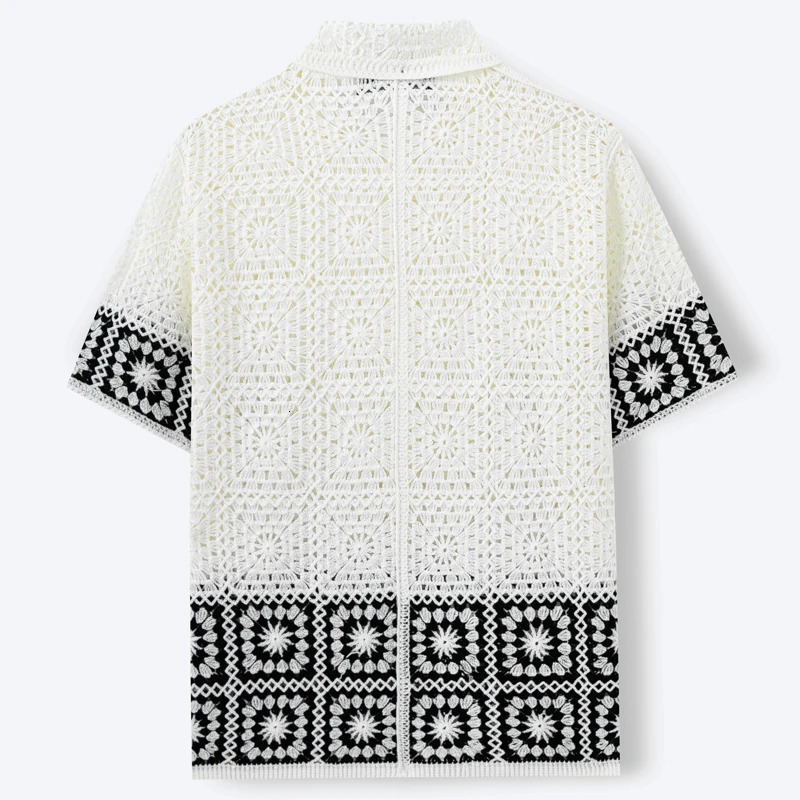 Retro Mens Summer Crochet Short Sleeve Shirts Fashion Hollow Out Knitted Polo Shirts High Quality Jacquard Cardigan Tops SY0069 260311