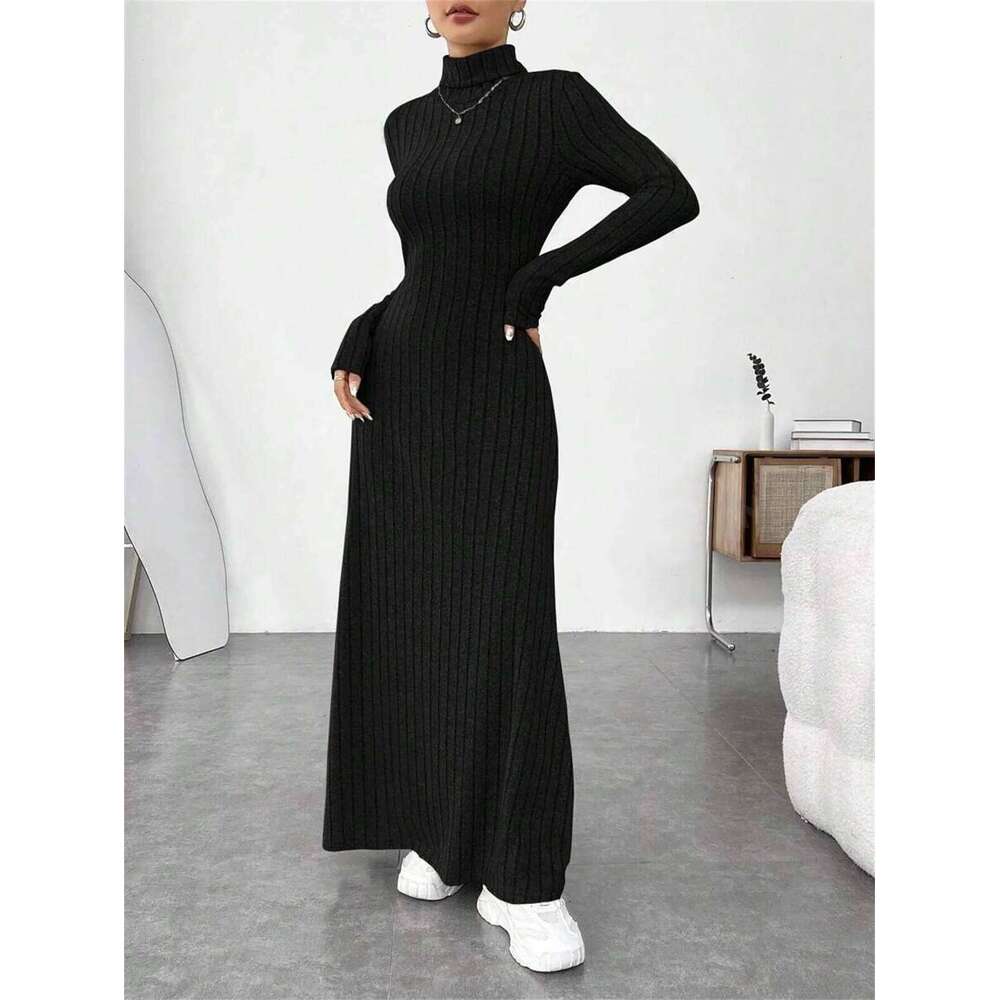 Knitted Elegant Long Sleeve Dress Women 2025 Autumn Winter Vintage Dresses Turtleneck Fashion Solid Vestidos Casual Street Y2K C260312