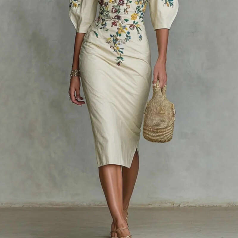 Spring Elegant Floral Print Slim Female Clothing Sexy Slash Neck Hollow Slit Party Dresses Woman Casual Half Sleeve Embroidered Waist-cinching Holiday
