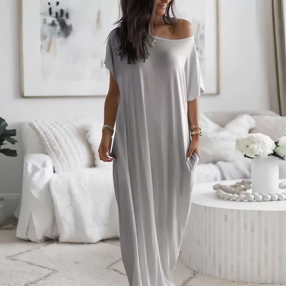Popular foreign trade product: European and American summer new women's solid color short-sleeve long casual dress