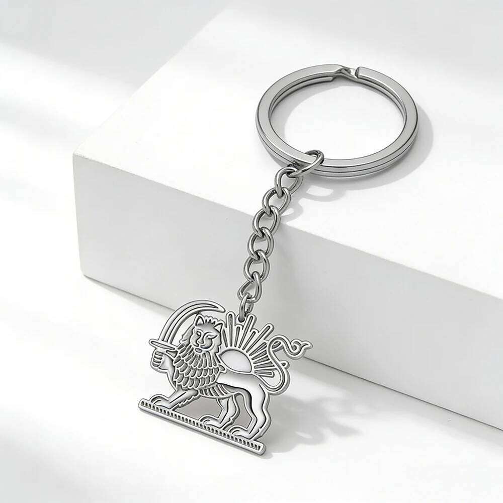 Skyrim Iran Persian Lion Sun Keychain Stainless Steel Gold Color Keyring Key Chains Bag Accessories Gift for Women Men