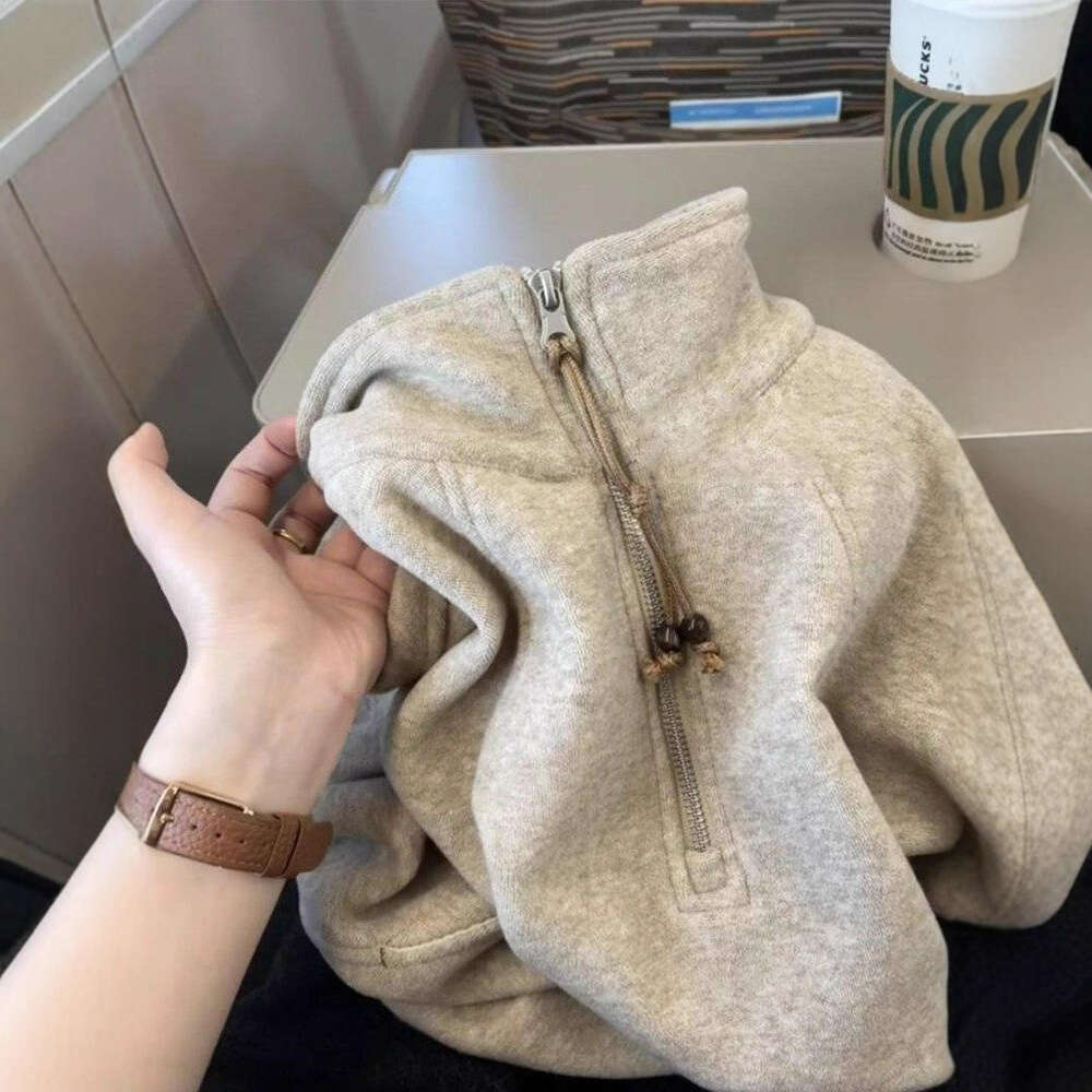 Autumn Winter New Vintage Oatmeal Color Stand Collar Half-Zip Sweatshirt Women's Loose Lazy High-End Outerwear Top