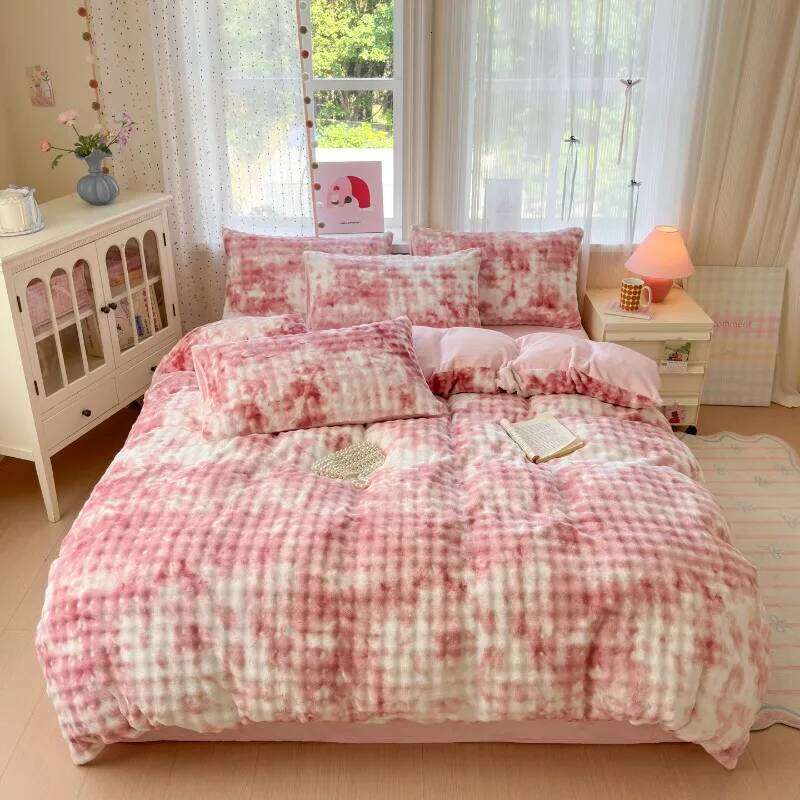 New simple printing bubble milk fleece four-piece set student dormitory cartoon thickened bed sheet quilt cover kit household H260312
