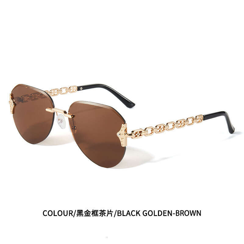 Frameless Cut Edge Light Luxury Women With Metal Chain Temples Hollow Slimming Sunglasses For Beach Photos UV Protection