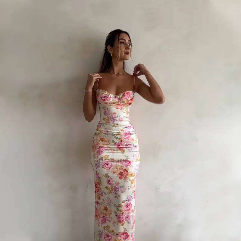 New Floral Suspender Split Slim Sleeveless Patry Beach Style Spaghetti Strap Women Clothes Mini Dress 2024 Summer C260312