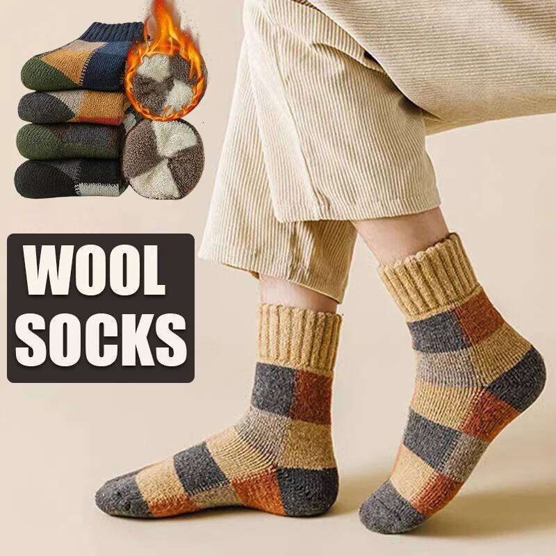 5pairs Winter Men's Thermal Thick Wool Socks Warm Colorblock Soft Comfortable Plush Snow Floor Sock High Quality Z260312