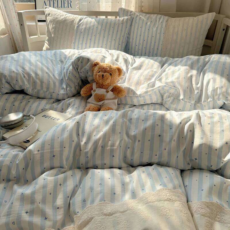 Striped Princess Bedding INS Nordic Girls Soft Washed Cotton Flat Sheet Twin Queen Size Duvet Set Pillowcase Bed Linens H260312
