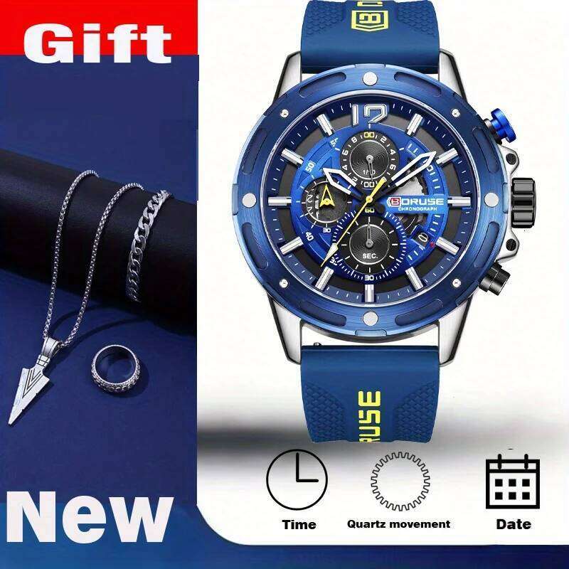 4 PCS SET BORUSE Fashion & 3pcsTriangle Spearhead Necklace Set, Mens Quartz Waterproof Watches