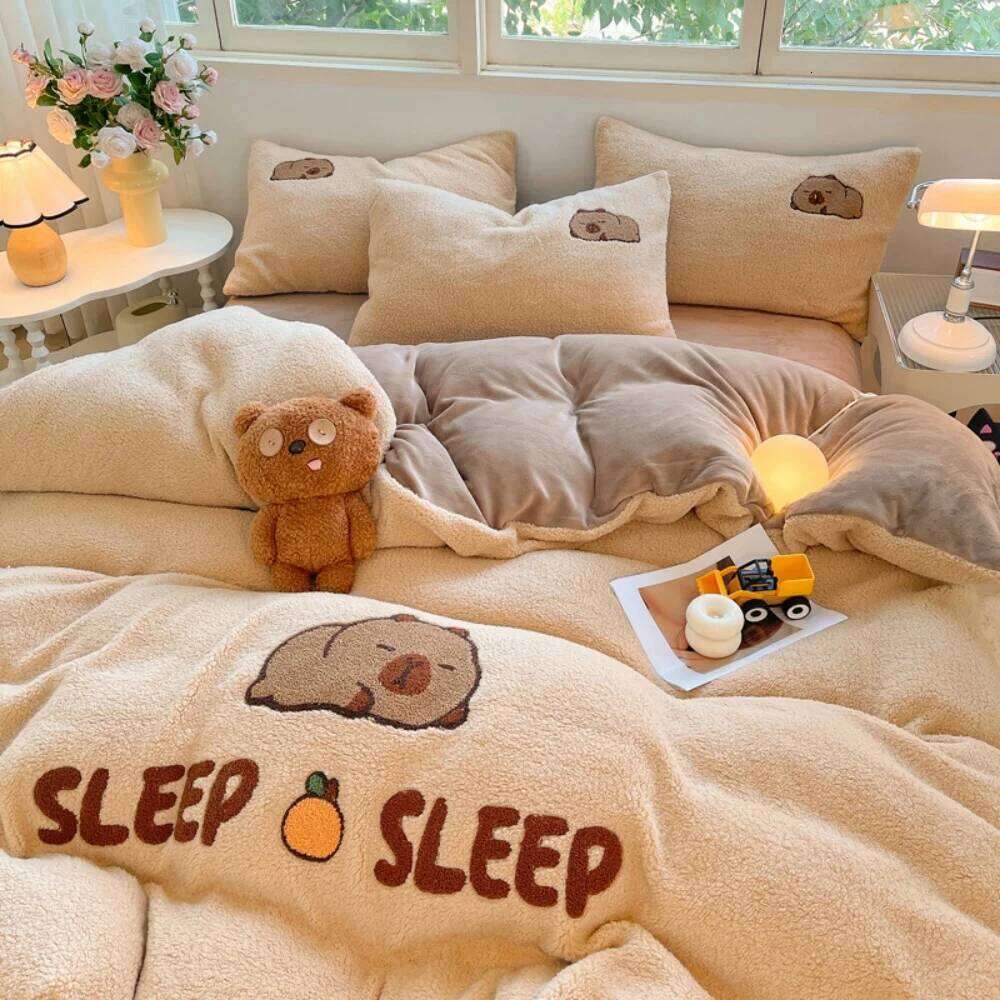 Embroidery Thickened Milk Fleece Bedding Winter Soft Warm Bedroom Decor Quilt Cover Bed Sheet Pillowcase Home Four-Piece Set H260312