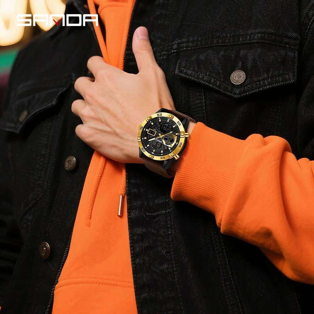SANDA new 6239 fashionable men's sports watch with displays and dual movements, multifunctional 5ATM waterproof gift