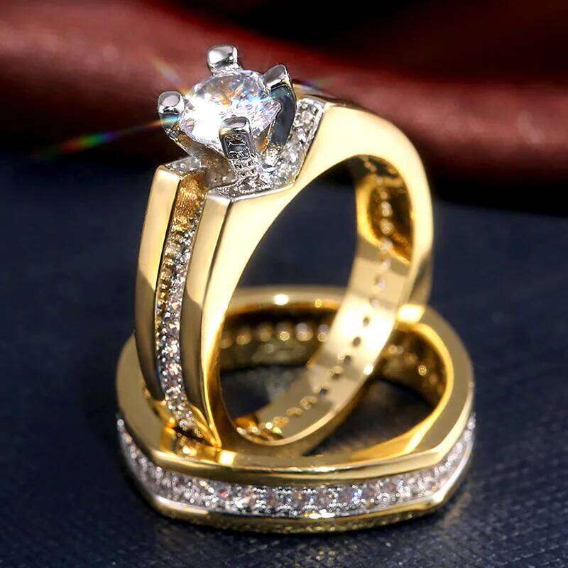 Huitan Wedding Ring Set for Women Round Zirconia Crystal 2Pcs Engagement Party Rings Anniversary Gift Trendy Jewelry Drop Ship W260311