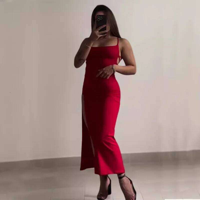 Summer Backless Bandage Sexy Club Women's Elegant Spaghetti Strap Evening Party Dresses Split Slim Solid Color Long Dress C260311