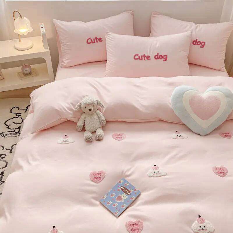 Ins Girly Heart Towel Embroidery Bedding Four-piece Soft Washed Cotton Bed Sheet Quilt Cover Three-piece Set H260312