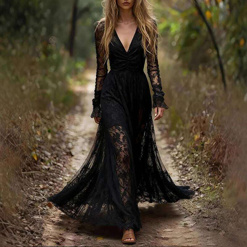 New Deep V Neck Embroidery Lace Woman Spring Hollow Out High Waist Crochet Dresses Autumn Flare Sleeve Jacquard Long Dress C260311