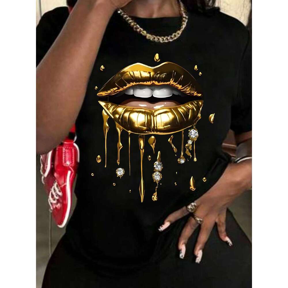 Golden Lips Pattern Print Fashion Top Women Summer Women's T-Shirt Z260312