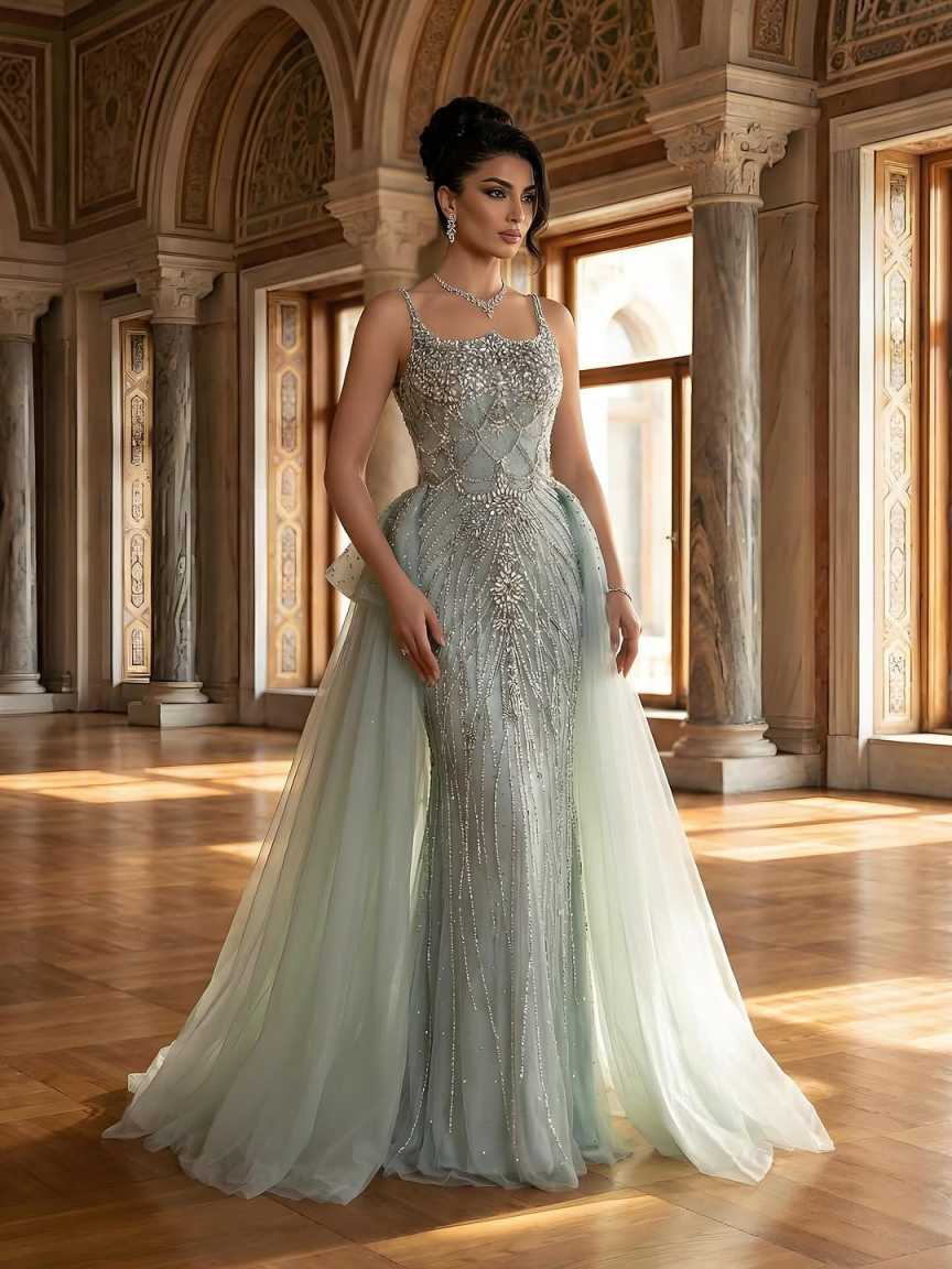 Charming Mermaid Prom Dress Spaghetti Strap Crystal Beaded Evening Dresses Luxury Detachable Sweep Train Party Gowns Customized