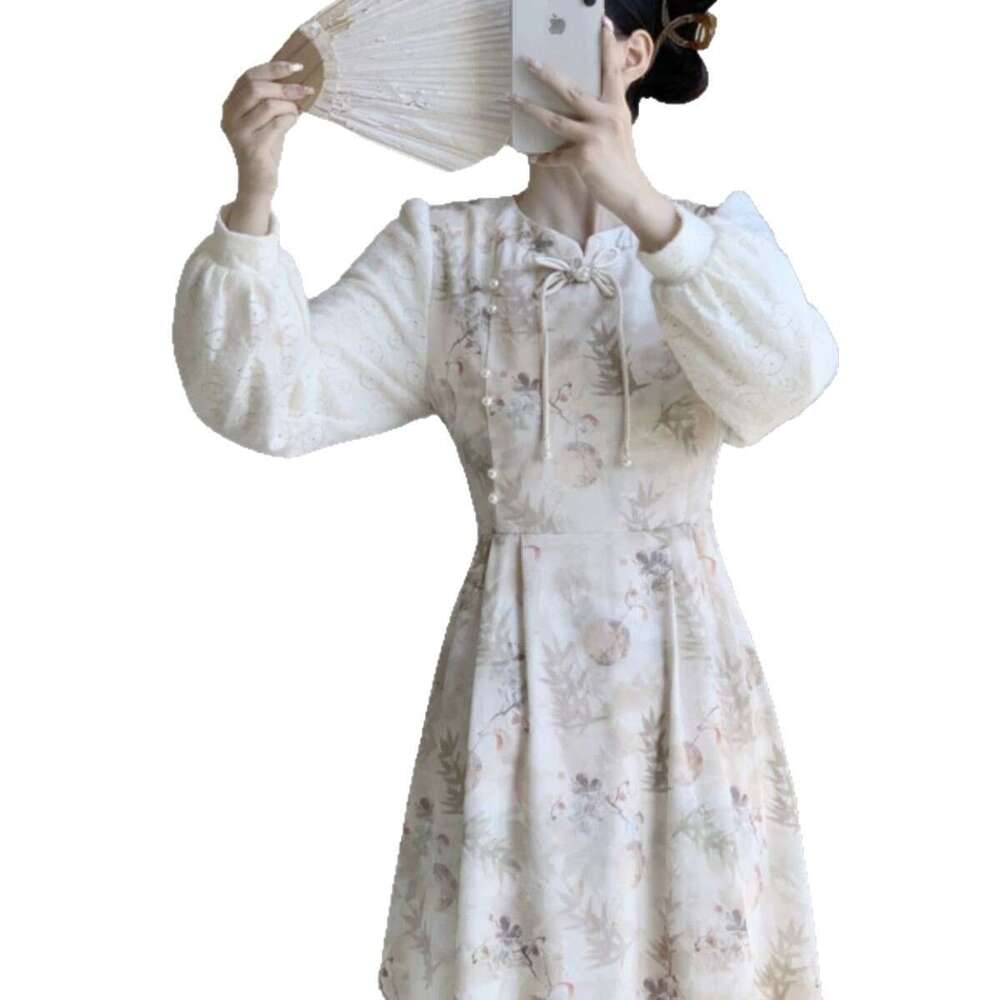 New Chinese-Style Floral Women, Autumn Winter New Model, With Added Fleece And Thickness, Suitable For Layering Under A Coat, Long Cheongsam Dress