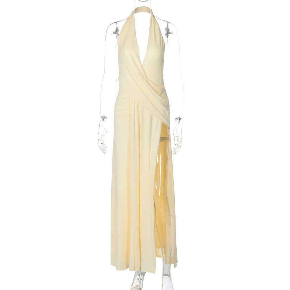 Mozision Halter Deep V Neck Backless Sexy Maxi Dress Women Gown Fashion Irregular Sleeveless Thigh High Split Club Party Dresses C260312