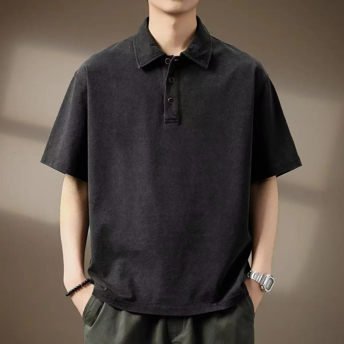 Summer Mens Denim Polo Shirts American Style Lapel Short Sleeved Loose Tees Shirt High-end Mens Thin Trendy Tops 260311