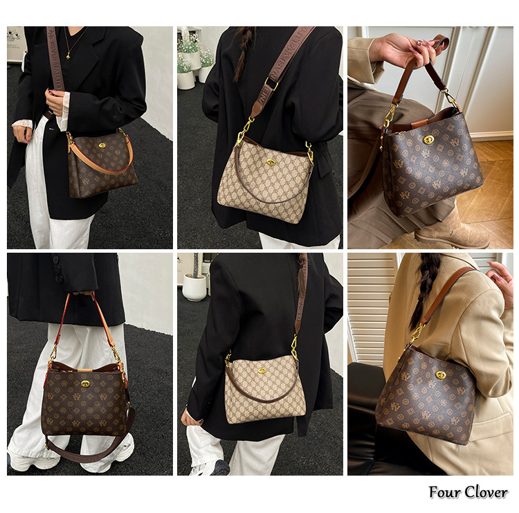 High-end large-capacity handbag, new retro bucket bag, versatile stylish shoulder crossbody bag, printed luxury handbag, simple and casual handheld un