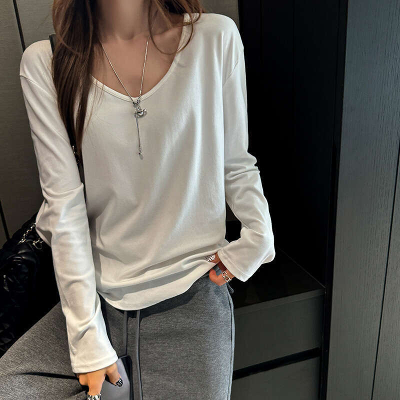 Premium Gray Long-Sleeve T-Shirt For Women, Autumn And Winter, V-Neck, Loose, Casual, Versatile, Suitable As A Base Layer