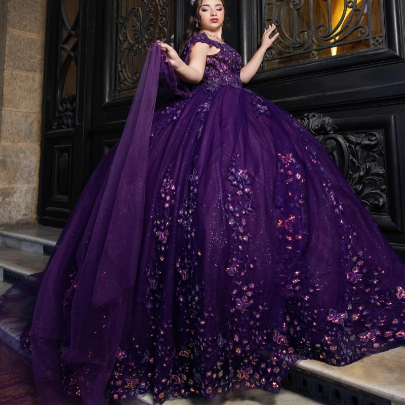 Purple Shiny Ball Gown Quinceanera Dresses 2026 Applique Lace Beading Crystal Tull Corset Off Shoulder Sweet 16 Dress Years Vestidos De 15 Anos