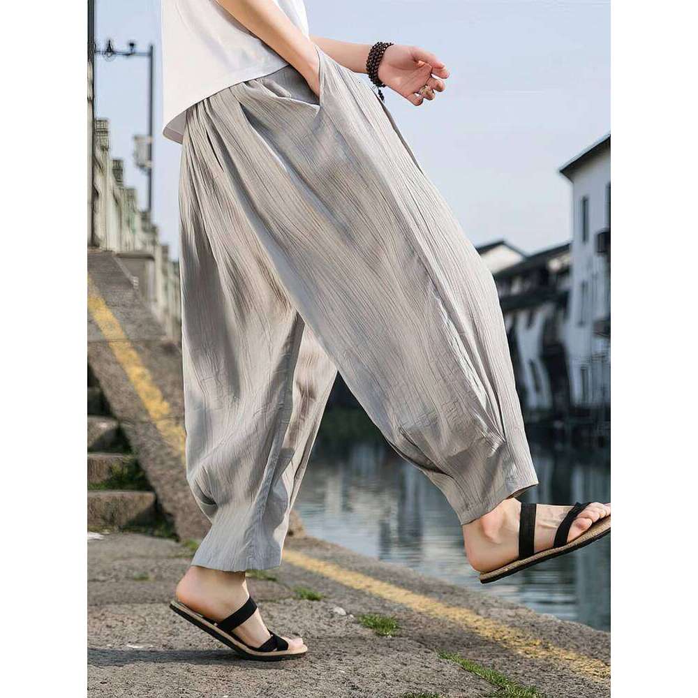 Ice Silk Casual Linen Pants Men Oversize Chinese Summer Wide leg Baggy Sweatpants Male Outdoor Sport Harem Trousers
