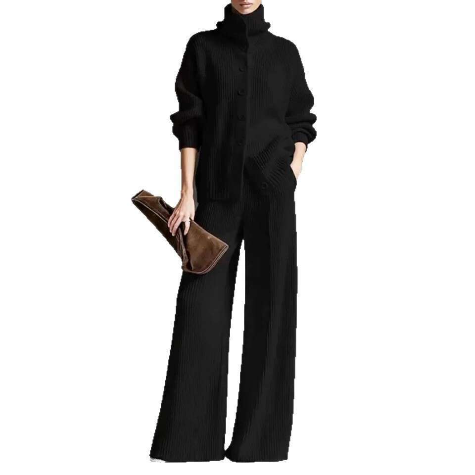 New Autumn Winter Thickened Independent Stand European American Fashion Women S Casual Woolen High Neck Wide Leg Suit
