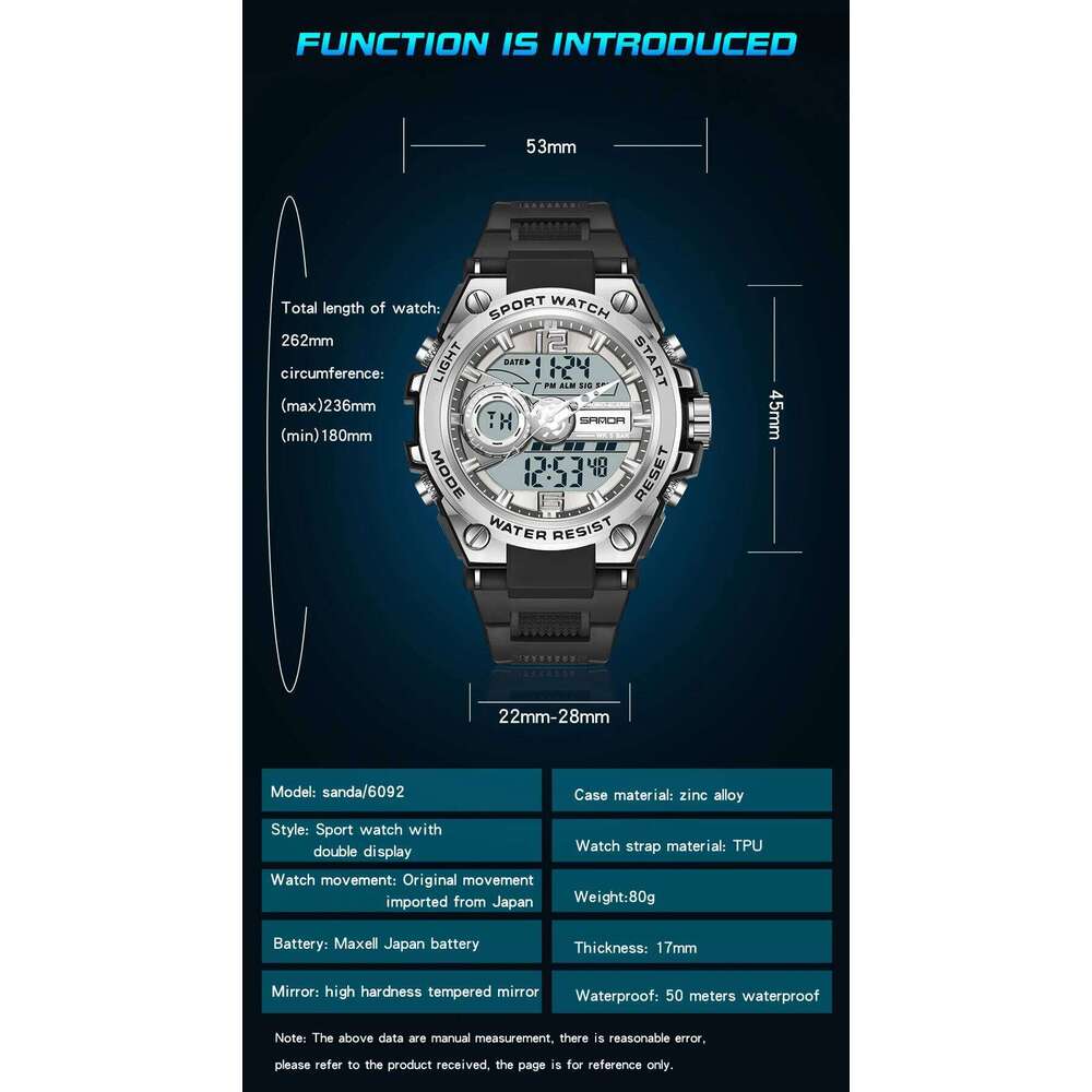 SANDA New Sport Military Men's Watches 50M Waterproof Quartz Wristwatch LED Digital Watch for Male Clock Relogios Masculino 6092