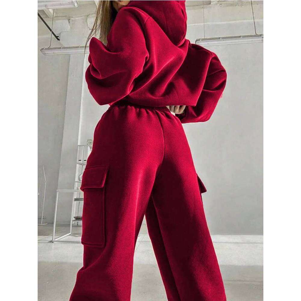 Autumn 2024 new women's casual sports hoodie Solid color long sleeved pocket hoodies Lace up work pants Lady's two piece set C260312