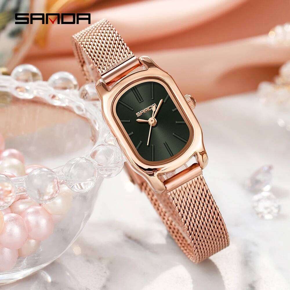 SANDA Genuine New Quartz Watch Casual Fashion Rose Gold Case Womens Watches Maroon Leather Strap Waterproof P1104