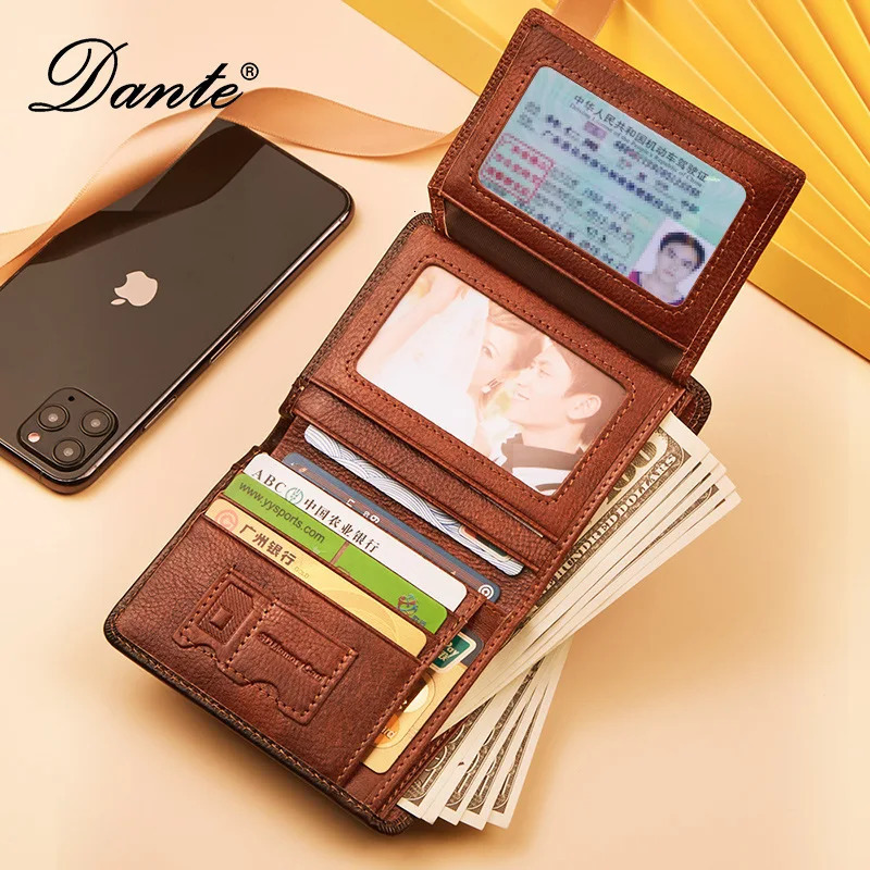 Dante Mens Leather Wallet RFID Anti-theft Brush Head Layer Cowhide Retro Casual Vertical Multi-Function Money Bag Money Clips 260304